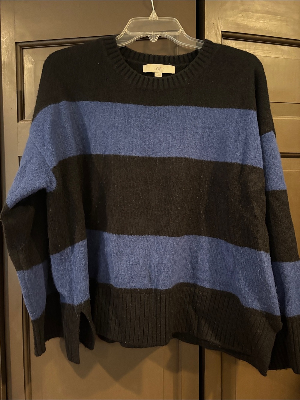 LOFT Black Cobalt Blue Block Stripe Crewneck Slouchy Sweater Size X Large